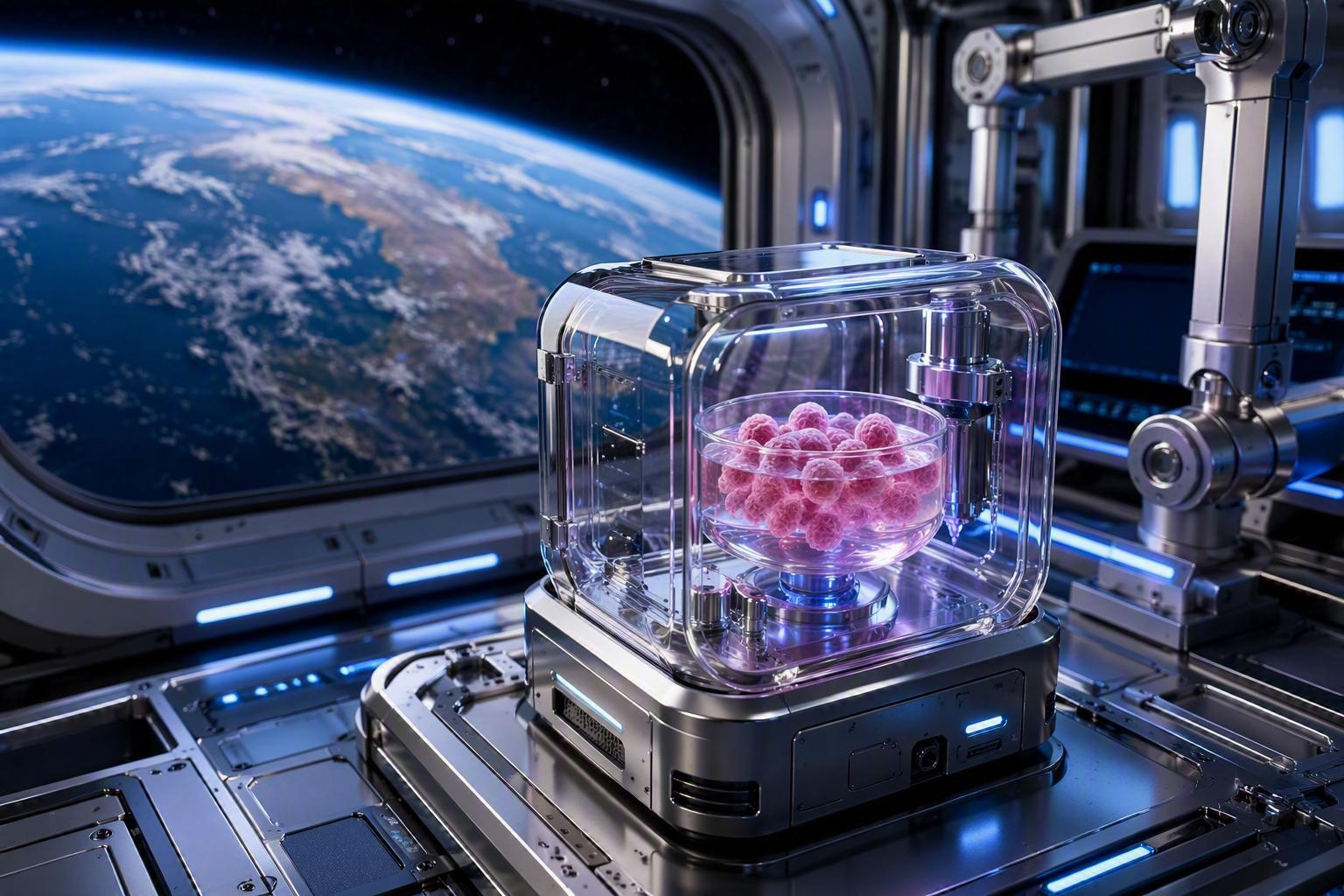 Celula madre cultivada en una capsula, ubicada en la ventana de una nave espacial